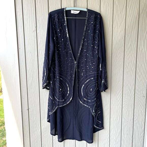VTG Beaded Roaman’s Navy Duster Jacket Sheer Evening Kimono 43” - Picture 4 of 10